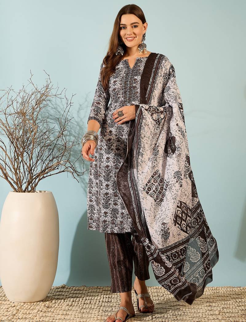Brown ethnic block print cotton straight kurta pant dupatta set