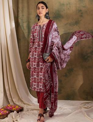 Red ethnic block print cotton straight kurta pant dupatta set 1