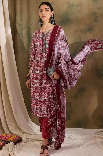 Red ethnic block print cotton straight kurta pant dupatta set
