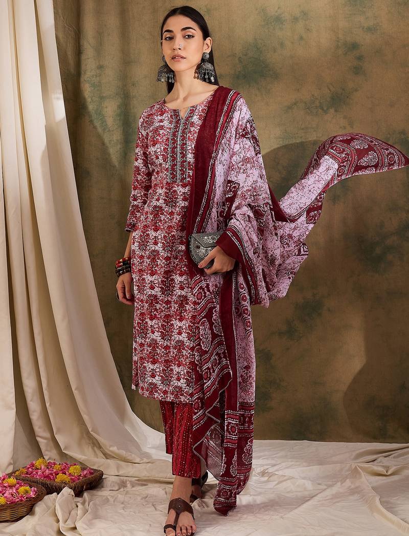 Red ethnic block print cotton straight kurta pant dupatta set