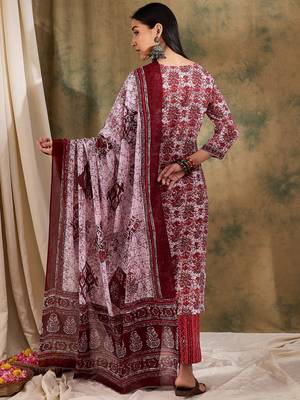 Red ethnic block print cotton straight kurta pant dupatta set 2