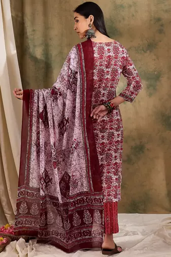 Red ethnic block print cotton straight kurta pant dupatta set