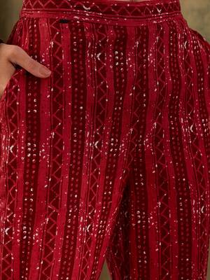 Red ethnic block print cotton straight kurta pant dupatta set 3