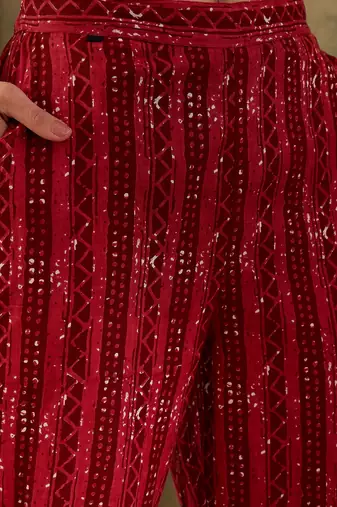 Red ethnic block print cotton straight kurta pant dupatta set