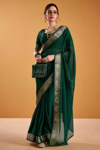 Green Color  Zari Weaving Organza Saree Work 