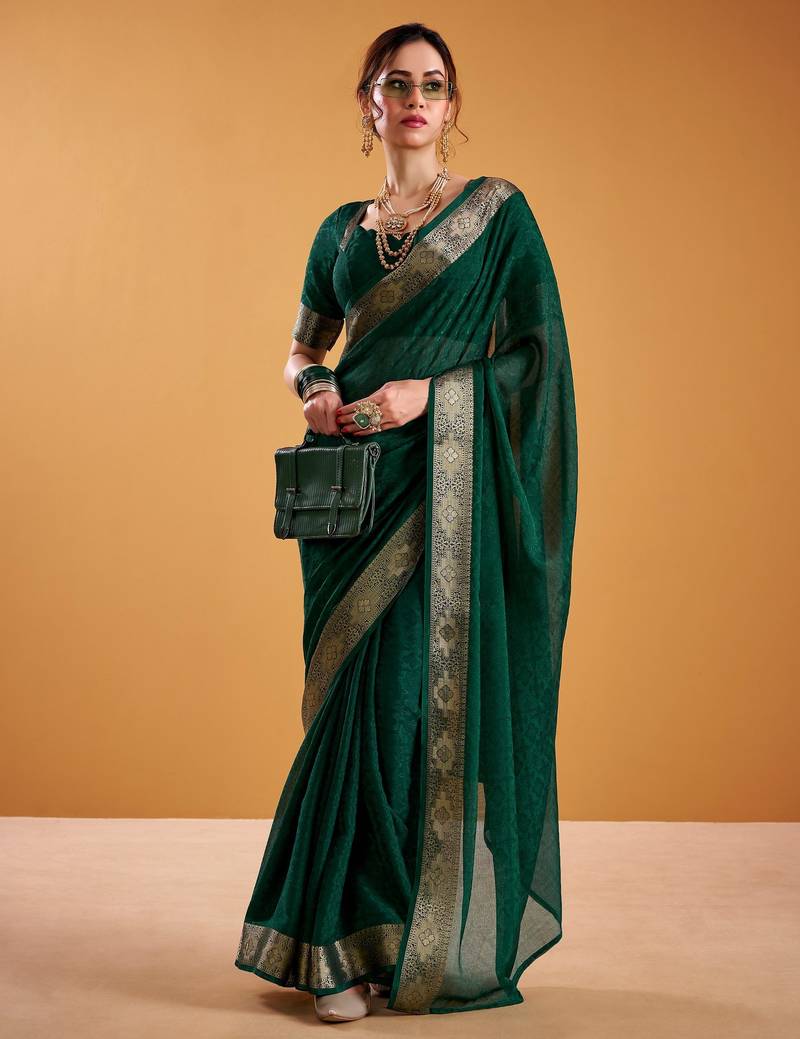 Green Color  Zari Weaving Organza Saree Work 