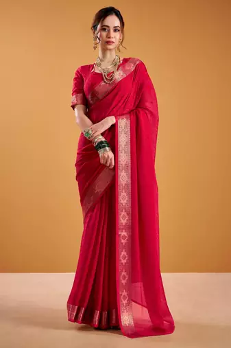 Red Color  Zari Weaving Organza Saree Work 