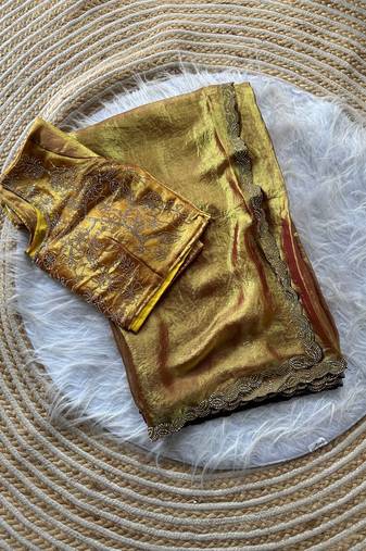 mustard satin silk saree with jarkhan diamond work
