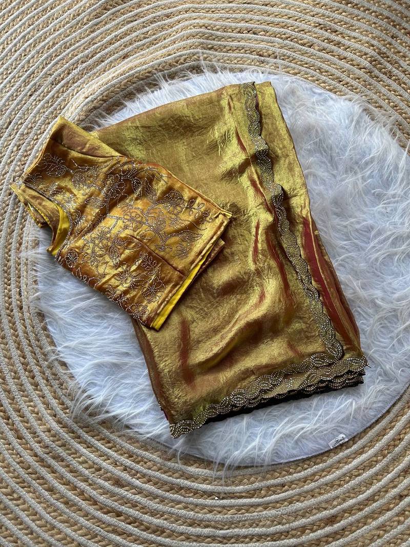 mustard satin silk saree with jarkhan diamond work