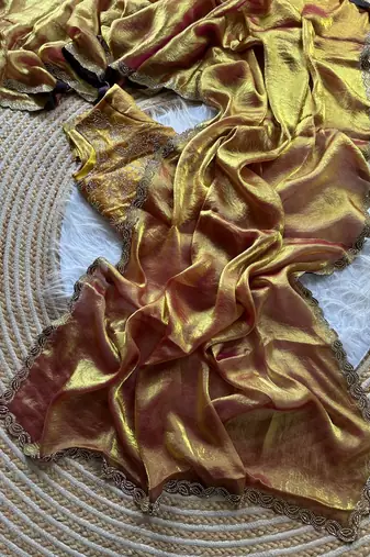 mustard satin silk saree with jarkhan diamond work
