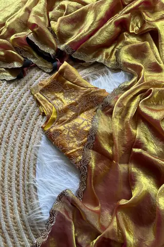 mustard satin silk saree with jarkhan diamond work