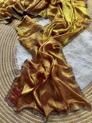 mustard satin silk saree with jarkhan diamond work 4