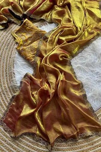 mustard satin silk saree with jarkhan diamond work