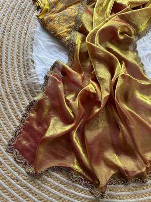 mustard satin silk saree with jarkhan diamond work 5
