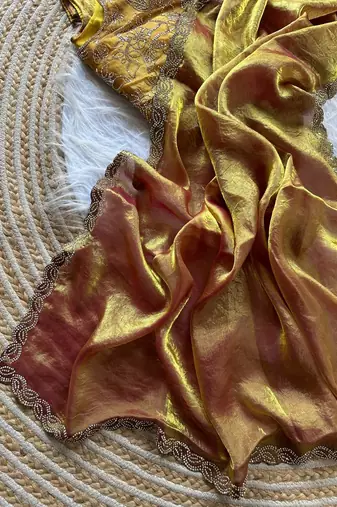 mustard satin silk saree with jarkhan diamond work