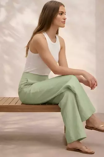 T-green casual linen blend straight fit pants