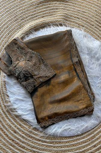 light grey satin silk saree with jarkhan diamond work