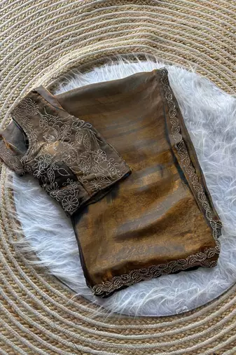 light grey satin silk saree with jarkhan diamond work