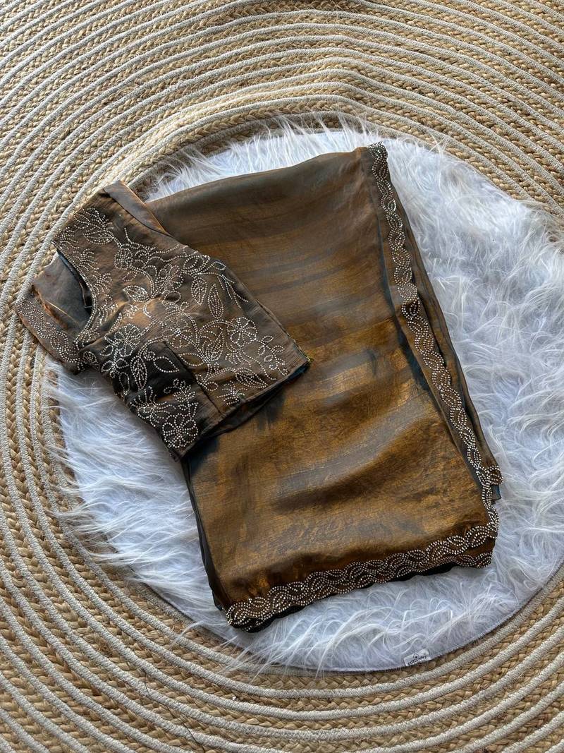 light grey satin silk saree with jarkhan diamond work