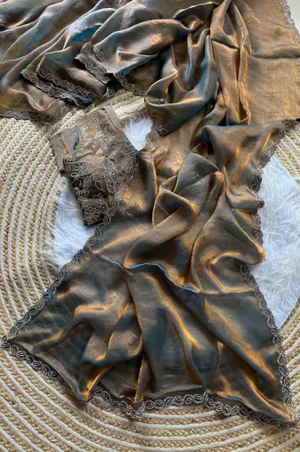 light grey satin silk saree with jarkhan diamond work