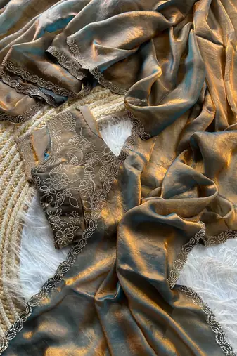 light grey satin silk saree with jarkhan diamond work