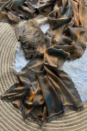 light grey satin silk saree with jarkhan diamond work
