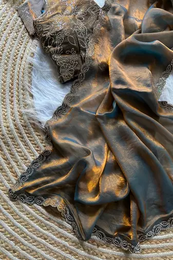 light grey satin silk saree with jarkhan diamond work