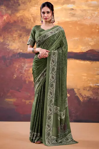 Mehndi Green Color Printed Crepe Saree