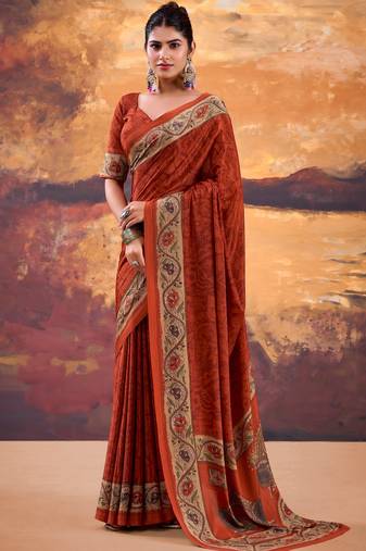 orange crepe saree with printed work
