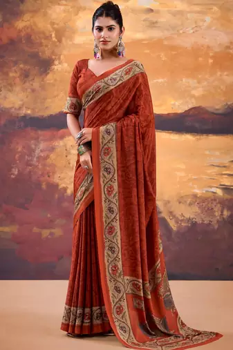 orange  Color Printed Crepe Saree