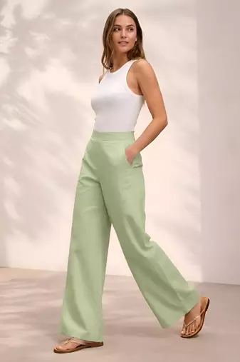 T-green casual linen blend straight fit pants