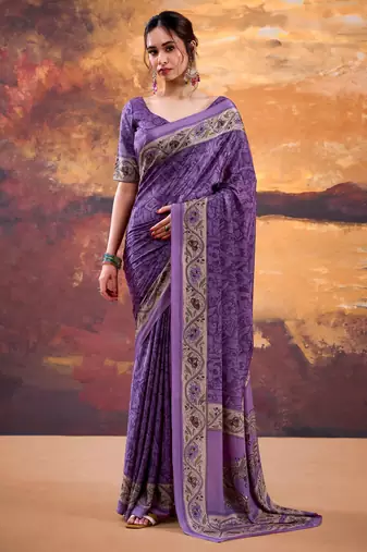 Purple  Color Printed Crepe Saree