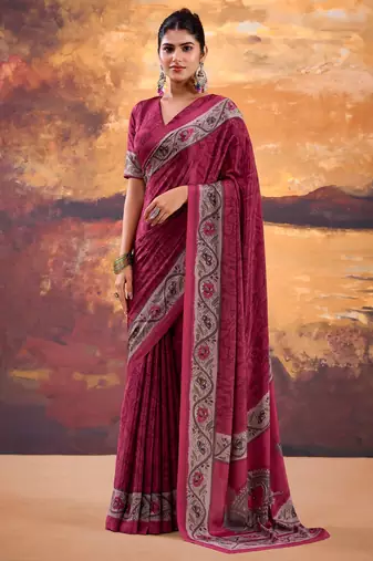 Wine Color Printed Crepe Saree