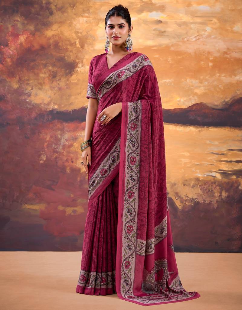 Wine Color Printed Crepe Saree