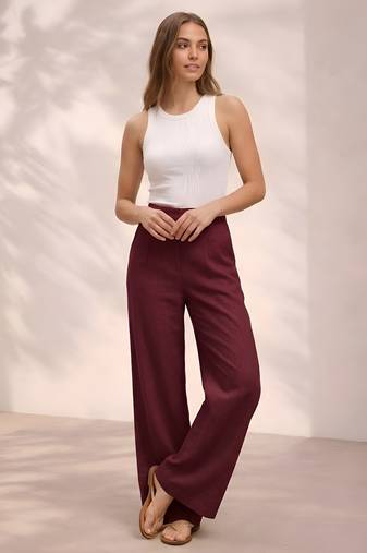 Wine casual linen blend straight fit pants