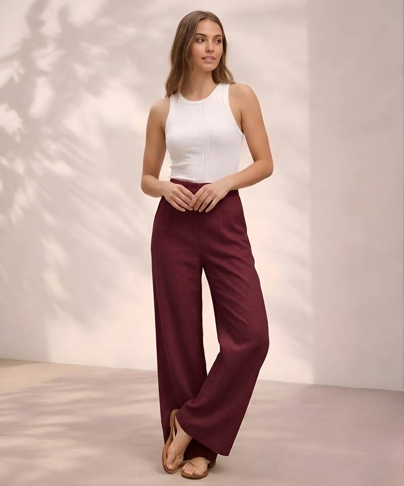 Wine casual linen blend straight fit pants