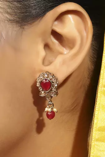 maroon alloy dangle earrings with ruby kundan oval leaf