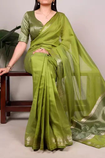 olive Color Zari Weaving  Cotton Silk Saee