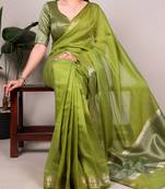 olive cotton silk saree with woven zari design