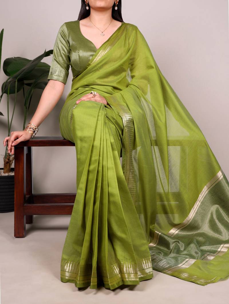 olive Color Zari Weaving  Cotton Silk Saee