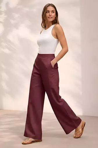 Wine casual linen blend straight fit pants