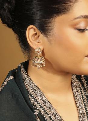 multicolor brass jhumki earrings with peacock kundan work 2