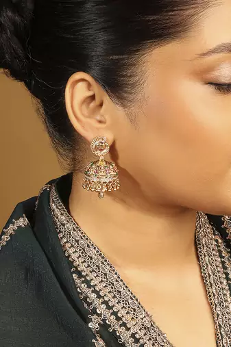 multicolor brass jhumki earrings with peacock kundan work