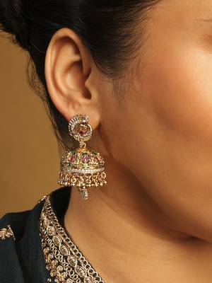 multicolor brass jhumki earrings with peacock kundan work 3