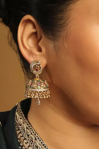 multicolor brass jhumki earrings with peacock kundan work