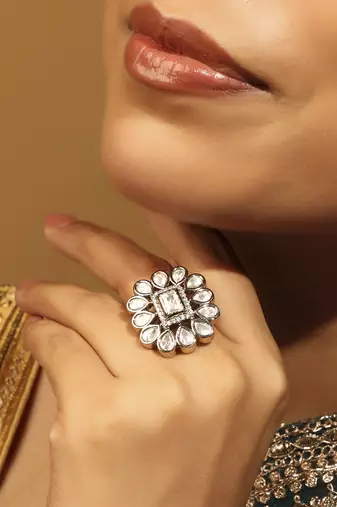 floral white stone antique gold adjustable statement ring