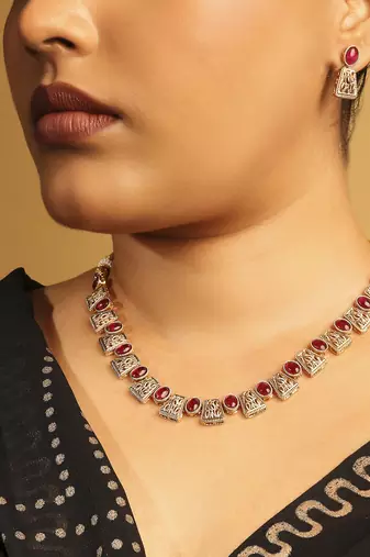 rajwadi gold plated pink stone choker set with maangtikka