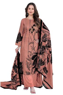 Orange color crepe silk printed women unstitched dress material 1