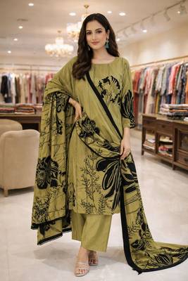 Green color crepe silk printed women unstitched dress material 1