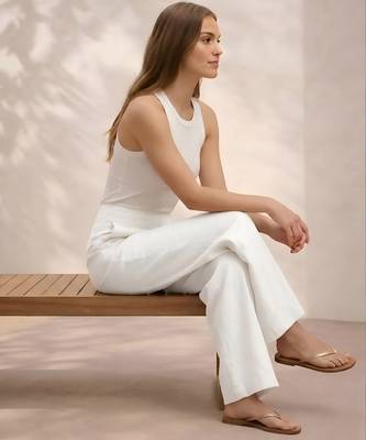 White casual linen blend straight fit pants 2